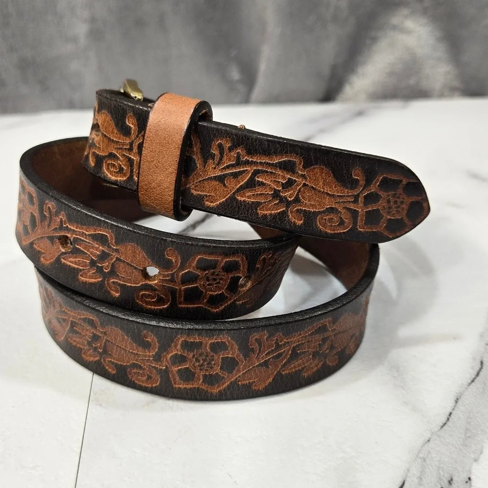 Gloria Vanderbilt Belt Womens L Brown Leather Tooled Floral Western Casual